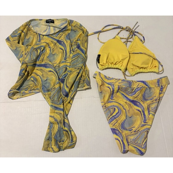 Icon Swim Size XL Bikini Set Plus Cover Up Shirt Long Sleeve Cheeky Yellow/Blue - Picture 2 of 2